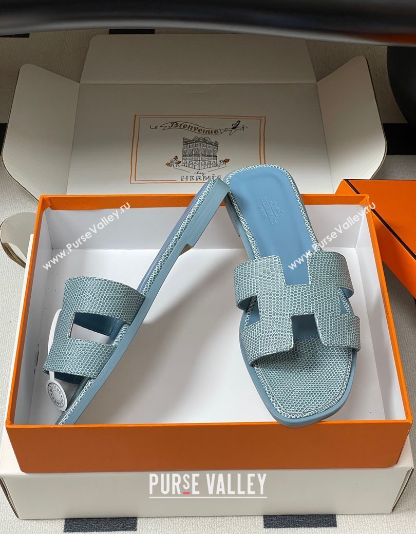 Hermes Oran Classic Flat Slides Sandal in Lizard Embossed Calfskin Light Blue 2025 H081803 (MD-250819067)