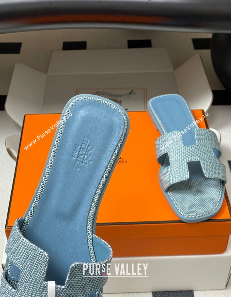 Hermes Oran Classic Flat Slides Sandal in Lizard Embossed Calfskin Light Blue 2025 H081803 (MD-250819067)