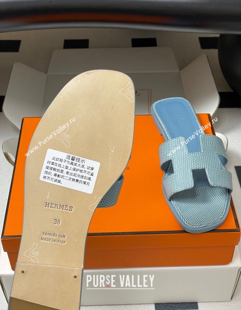 Hermes Oran Classic Flat Slides Sandal in Lizard Embossed Calfskin Light Blue 2025 H081803 (MD-250819067)