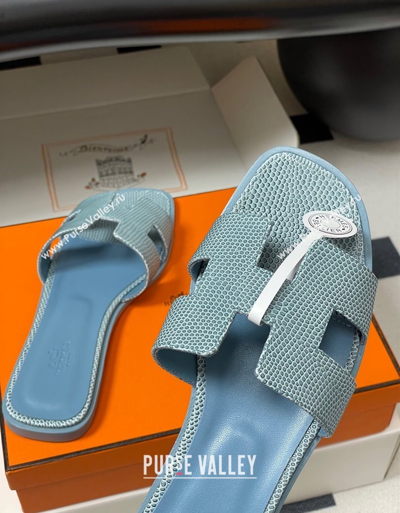 Hermes Oran Classic Flat Slides Sandal in Lizard Embossed Calfskin Light Blue 2025 H081803 (MD-250819067)