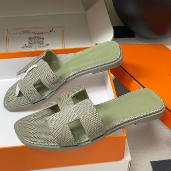 Hermes Oran Classic Flat Slides Sandal in Lizard Embossed Calfskin Khaki 2025 H081803 (MD-250819070)