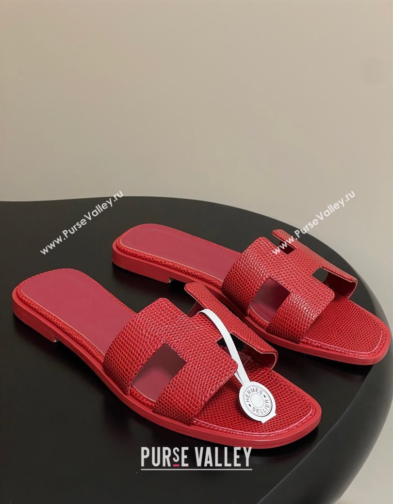 Hermes Oran Classic Flat Slides Sandal in Lizard Embossed Calfskin Red 2025 H081803 (MD-250819072)