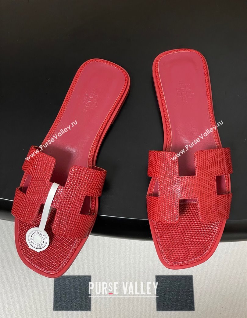Hermes Oran Classic Flat Slides Sandal in Lizard Embossed Calfskin Red 2025 H081803 (MD-250819072)