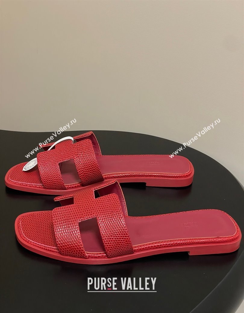 Hermes Oran Classic Flat Slides Sandal in Lizard Embossed Calfskin Red 2025 H081803 (MD-250819072)