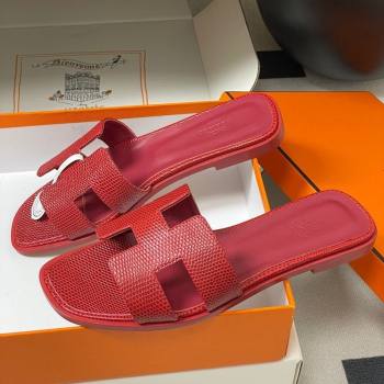 Hermes Oran Classic Flat Slides Sandal in Lizard Embossed Calfskin Red 2025 H081803 (MD-250819072)
