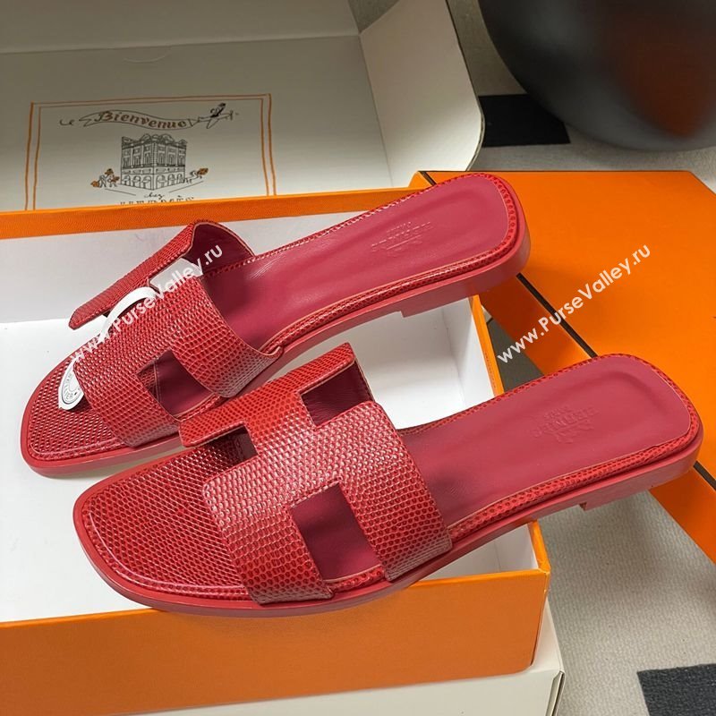 Hermes Oran Classic Flat Slides Sandal in Lizard Embossed Calfskin Red 2025 H081803 (MD-250819072)