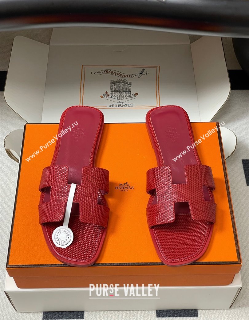 Hermes Oran Classic Flat Slides Sandal in Lizard Embossed Calfskin Red 2025 H081803 (MD-250819072)