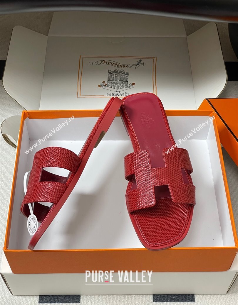 Hermes Oran Classic Flat Slides Sandal in Lizard Embossed Calfskin Red 2025 H081803 (MD-250819072)