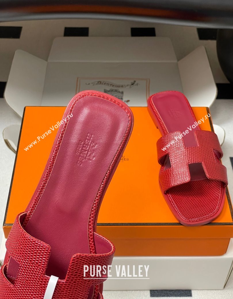 Hermes Oran Classic Flat Slides Sandal in Lizard Embossed Calfskin Red 2025 H081803 (MD-250819072)