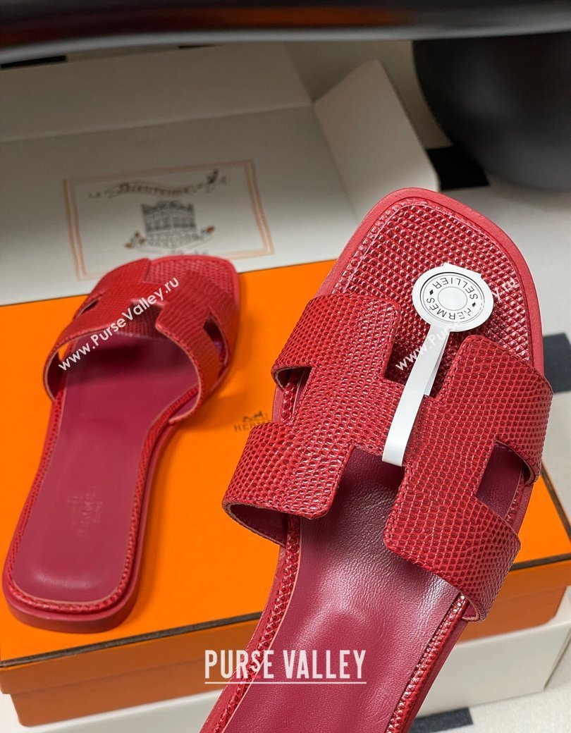 Hermes Oran Classic Flat Slides Sandal in Lizard Embossed Calfskin Red 2025 H081803 (MD-250819072)