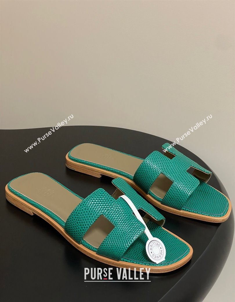 Hermes Oran Classic Flat Slides Sandal in Lizard Embossed Calfskin Dark Green 2025 H081803 (MD-250819074)