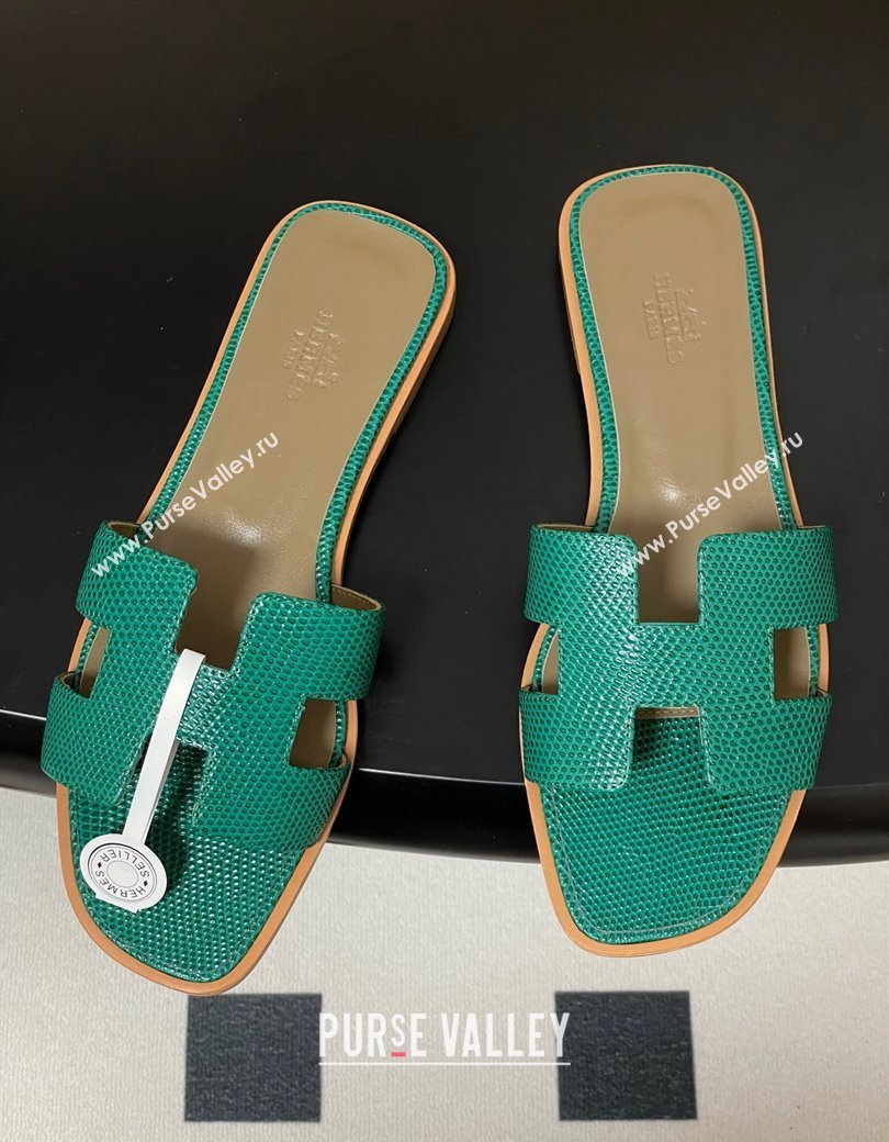 Hermes Oran Classic Flat Slides Sandal in Lizard Embossed Calfskin Dark Green 2025 H081803 (MD-250819074)