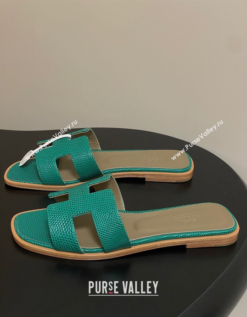 Hermes Oran Classic Flat Slides Sandal in Lizard Embossed Calfskin Dark Green 2025 H081803 (MD-250819074)