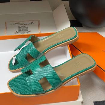 Hermes Oran Classic Flat Slides Sandal in Lizard Embossed Calfskin Dark Green 2025 H081803 (MD-250819074)
