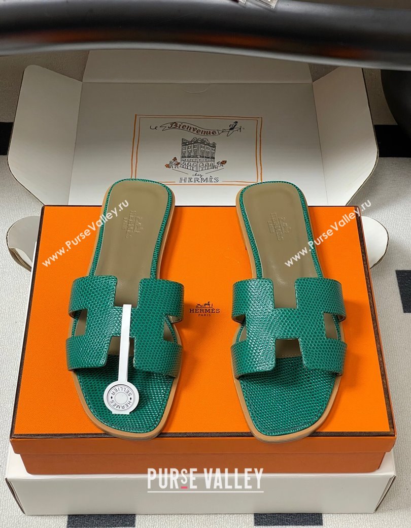 Hermes Oran Classic Flat Slides Sandal in Lizard Embossed Calfskin Dark Green 2025 H081803 (MD-250819074)