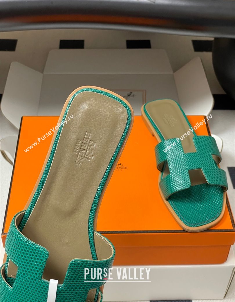 Hermes Oran Classic Flat Slides Sandal in Lizard Embossed Calfskin Dark Green 2025 H081803 (MD-250819074)