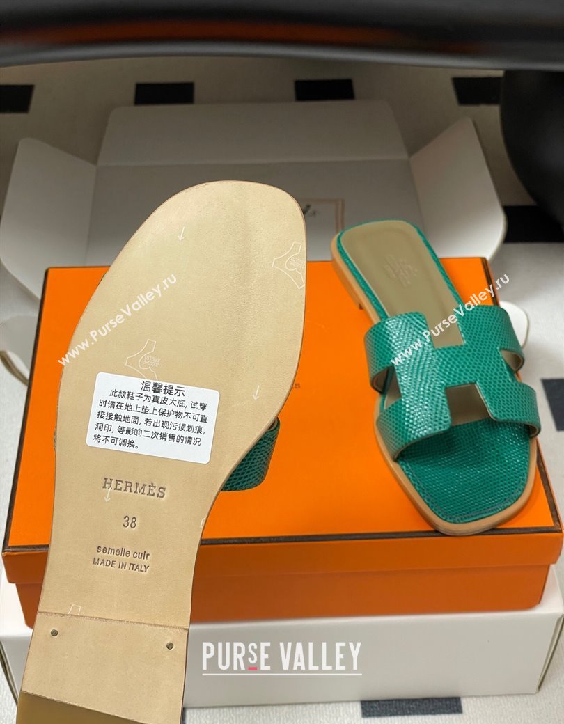 Hermes Oran Classic Flat Slides Sandal in Lizard Embossed Calfskin Dark Green 2025 H081803 (MD-250819074)
