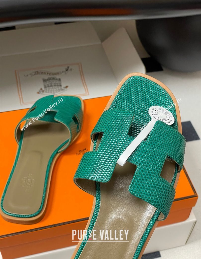 Hermes Oran Classic Flat Slides Sandal in Lizard Embossed Calfskin Dark Green 2025 H081803 (MD-250819074)