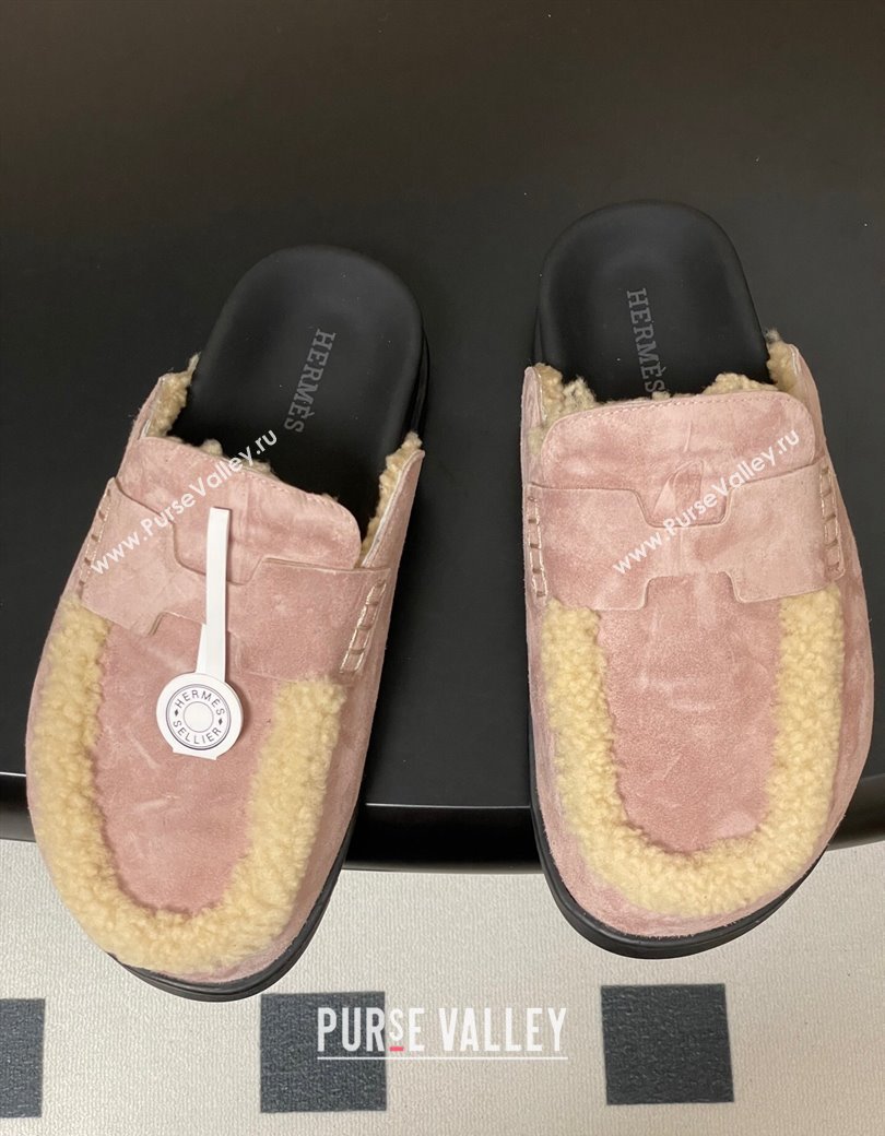 Hermes Go Mule in Suede and Shearling Pink 2025 H232865 (MD-250820001)