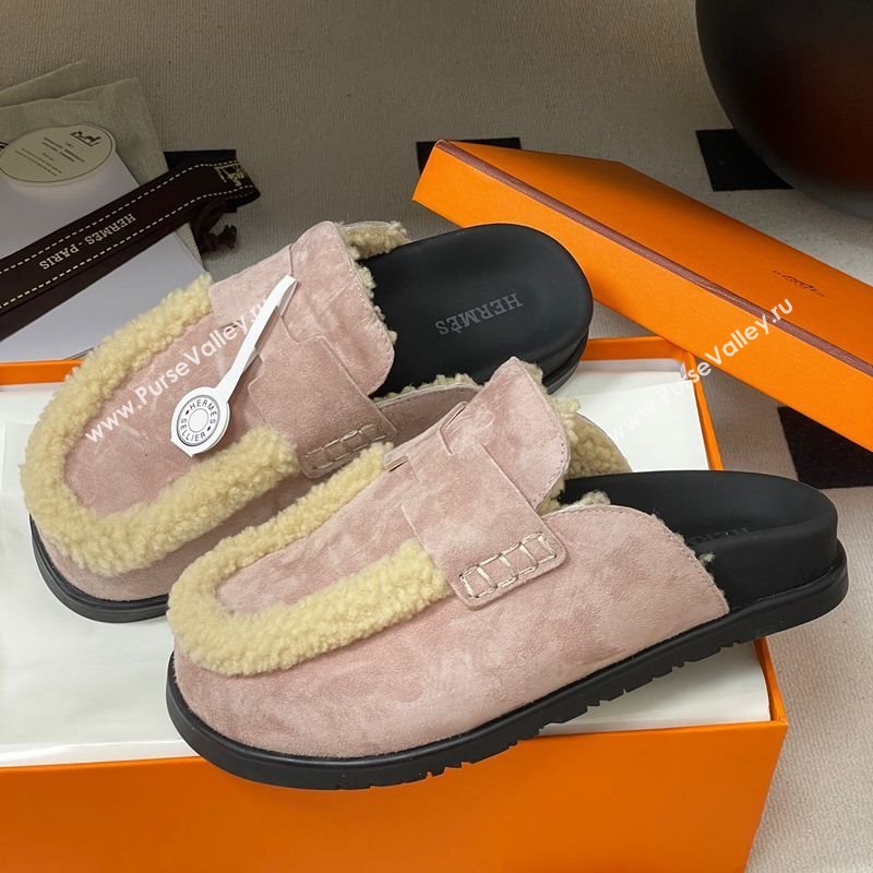 Hermes Go Mule in Suede and Shearling Pink 2025 H232865 (MD-250820001)