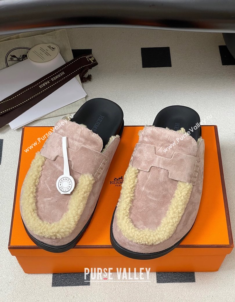 Hermes Go Mule in Suede and Shearling Pink 2025 H232865 (MD-250820001)