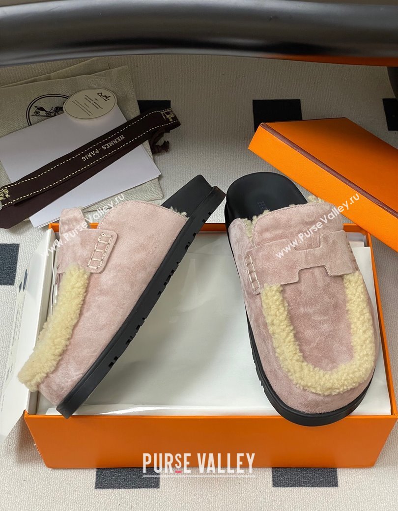 Hermes Go Mule in Suede and Shearling Pink 2025 H232865 (MD-250820001)