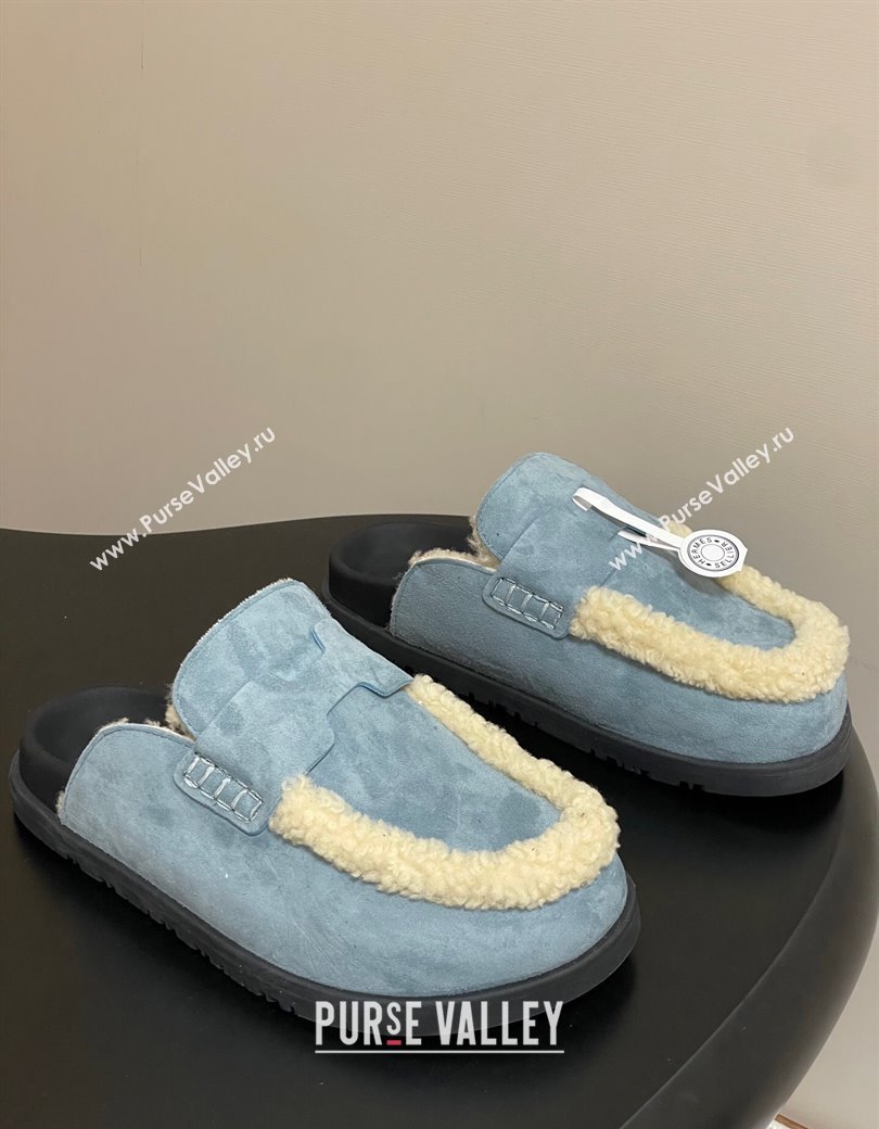 Hermes Go Mule in Suede and Shearling Blue 2025 H232865 (MD-250820002)