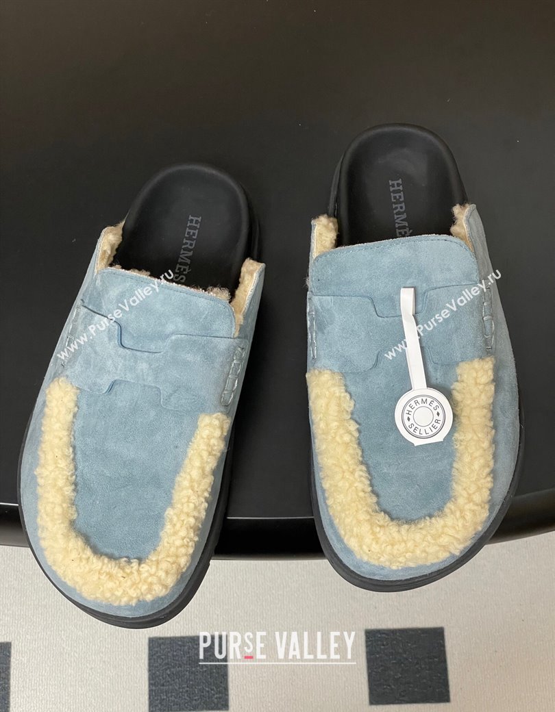 Hermes Go Mule in Suede and Shearling Blue 2025 H232865 (MD-250820002)