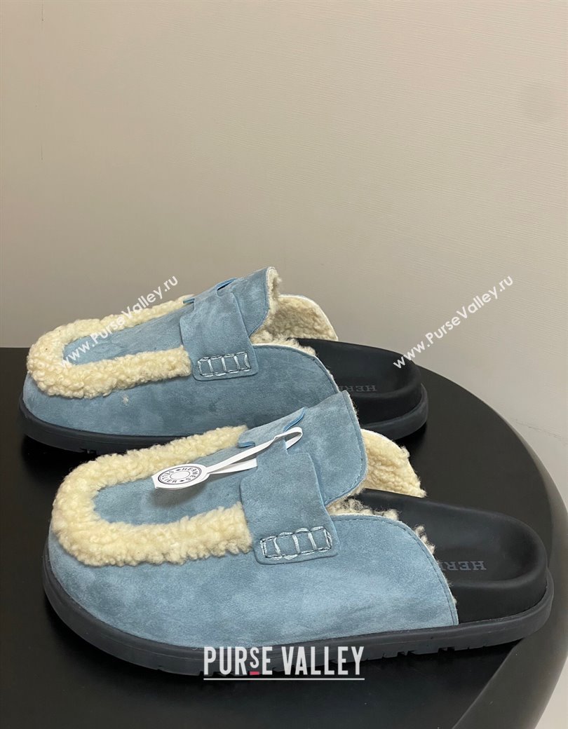 Hermes Go Mule in Suede and Shearling Blue 2025 H232865 (MD-250820002)