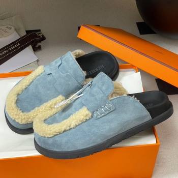 Hermes Go Mule in Suede and Shearling Blue 2025 H232865 (MD-250820002)