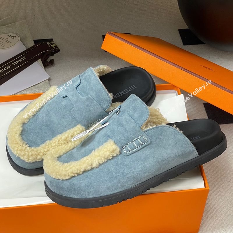 Hermes Go Mule in Suede and Shearling Blue 2025 H232865 (MD-250820002)