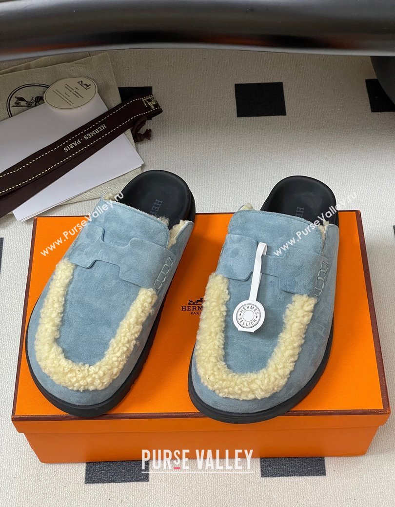 Hermes Go Mule in Suede and Shearling Blue 2025 H232865 (MD-250820002)