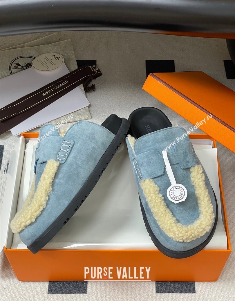 Hermes Go Mule in Suede and Shearling Blue 2025 H232865 (MD-250820002)