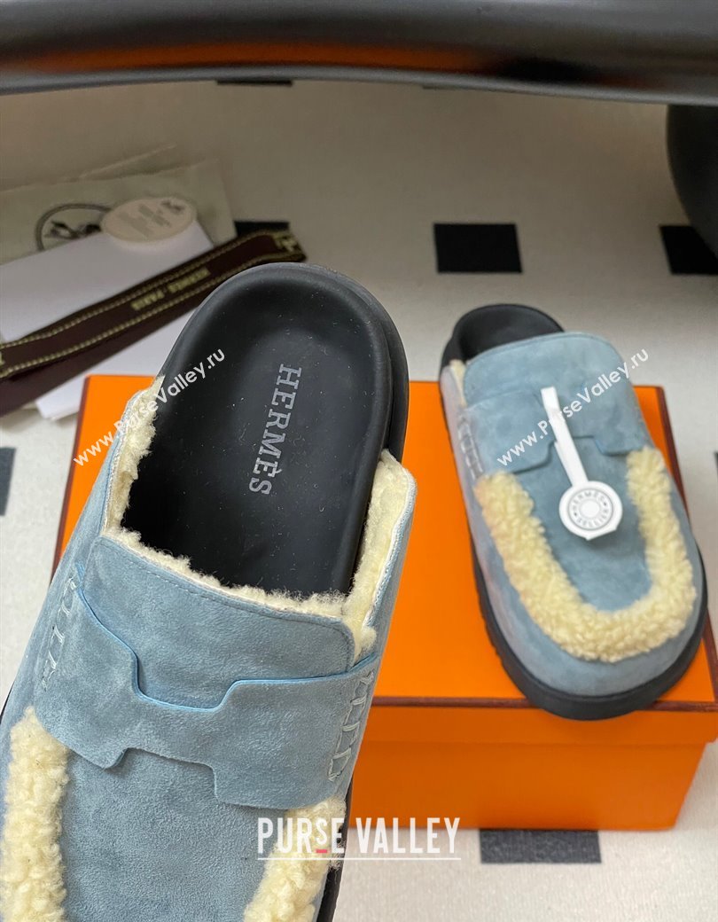 Hermes Go Mule in Suede and Shearling Blue 2025 H232865 (MD-250820002)