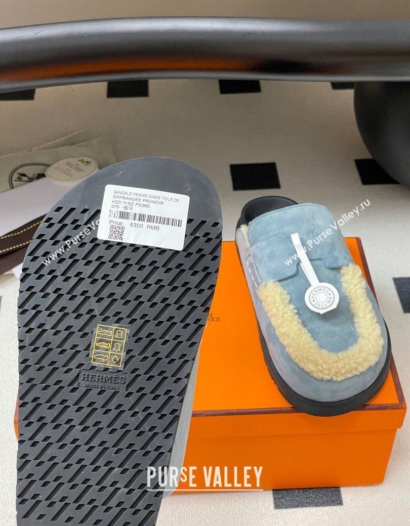 Hermes Go Mule in Suede and Shearling Blue 2025 H232865 (MD-250820002)