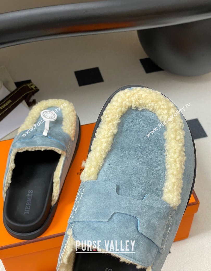 Hermes Go Mule in Suede and Shearling Blue 2025 H232865 (MD-250820002)