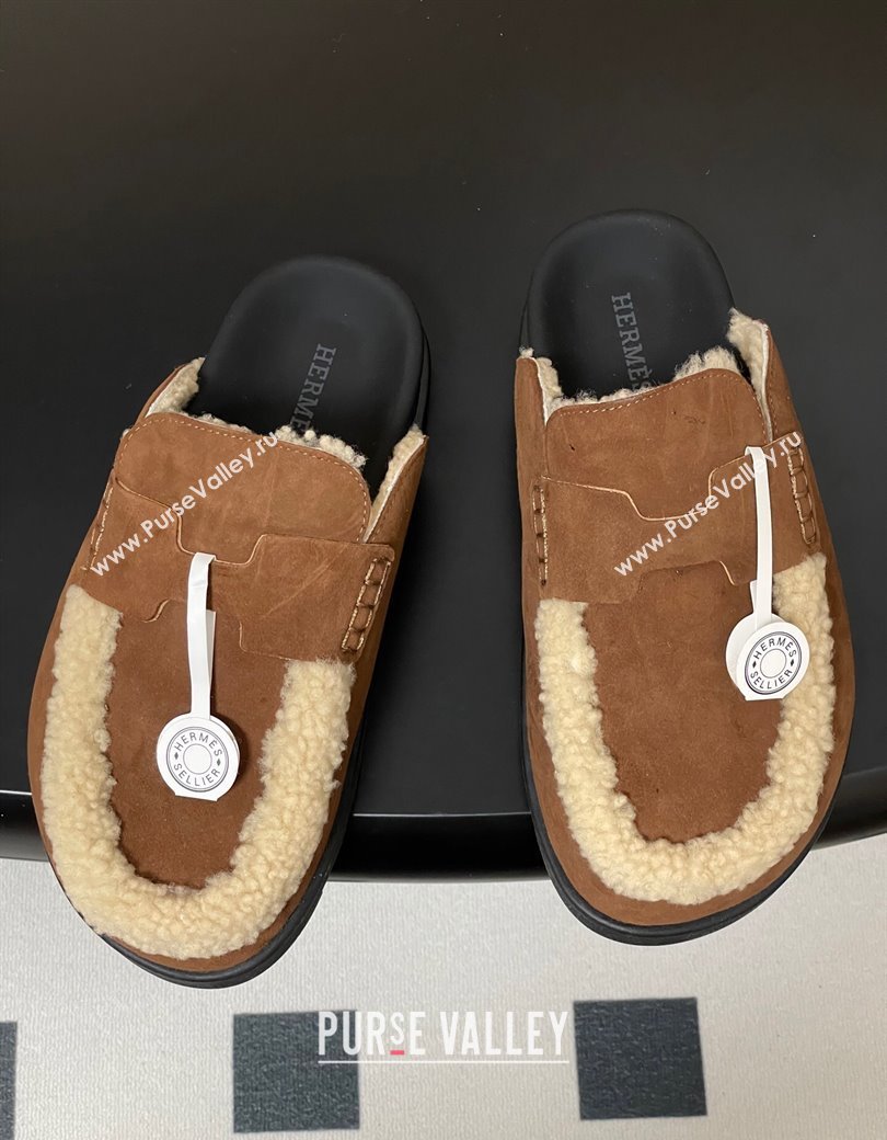 Hermes Go Mule in Suede and Shearling Brown 2025 H232865 (MD-250820003)