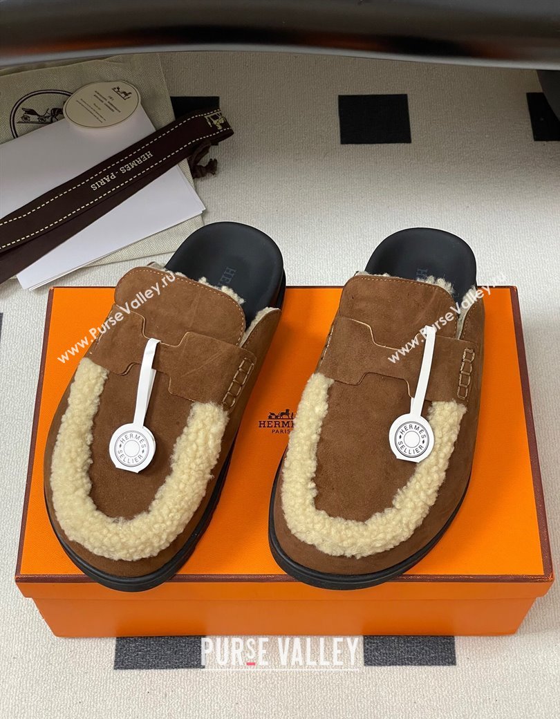 Hermes Go Mule in Suede and Shearling Brown 2025 H232865 (MD-250820003)