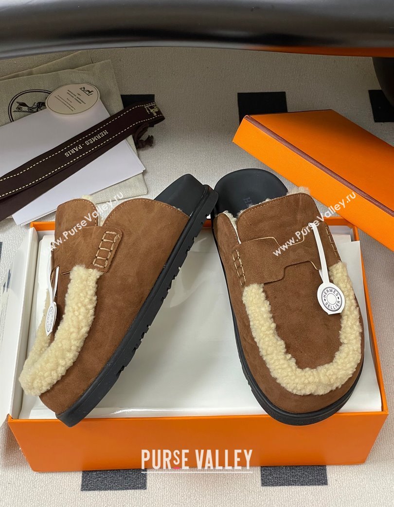 Hermes Go Mule in Suede and Shearling Brown 2025 H232865 (MD-250820003)
