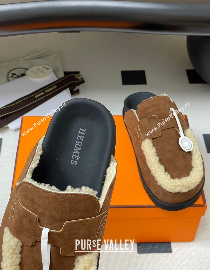 Hermes Go Mule in Suede and Shearling Brown 2025 H232865 (MD-250820003)