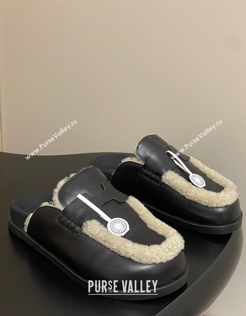 Hermes Go Mule in Calfskin and Shearling Black 2025 H232865 (MD-250820004)