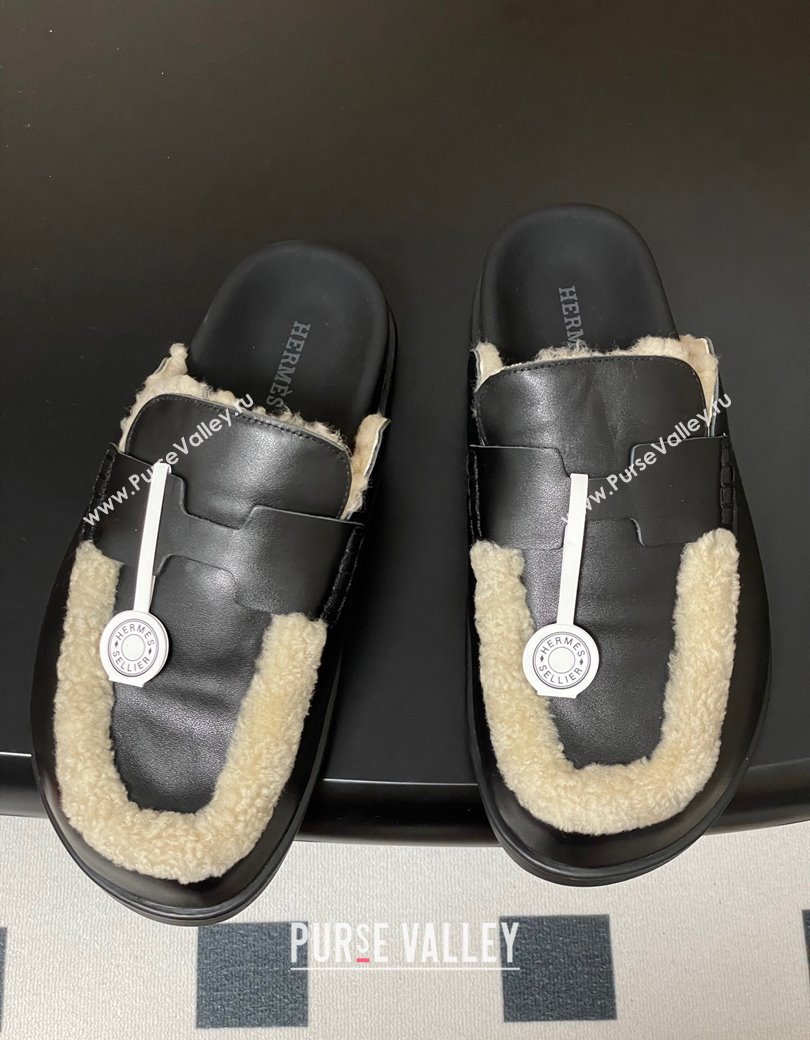 Hermes Go Mule in Calfskin and Shearling Black 2025 H232865 (MD-250820004)
