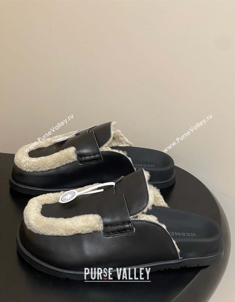 Hermes Go Mule in Calfskin and Shearling Black 2025 H232865 (MD-250820004)