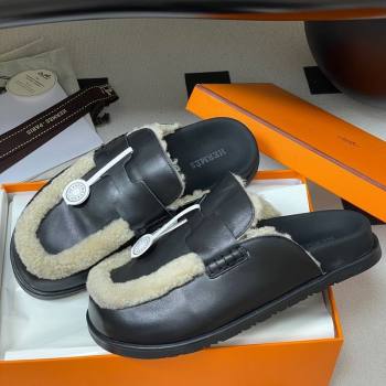 Hermes Go Mule in Calfskin and Shearling Black 2025 H232865 (MD-250820004)