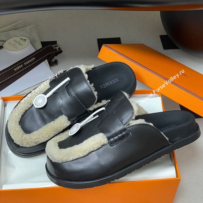 Hermes Go Mule in Calfskin and Shearling Black 2025 H232865 (MD-250820004)