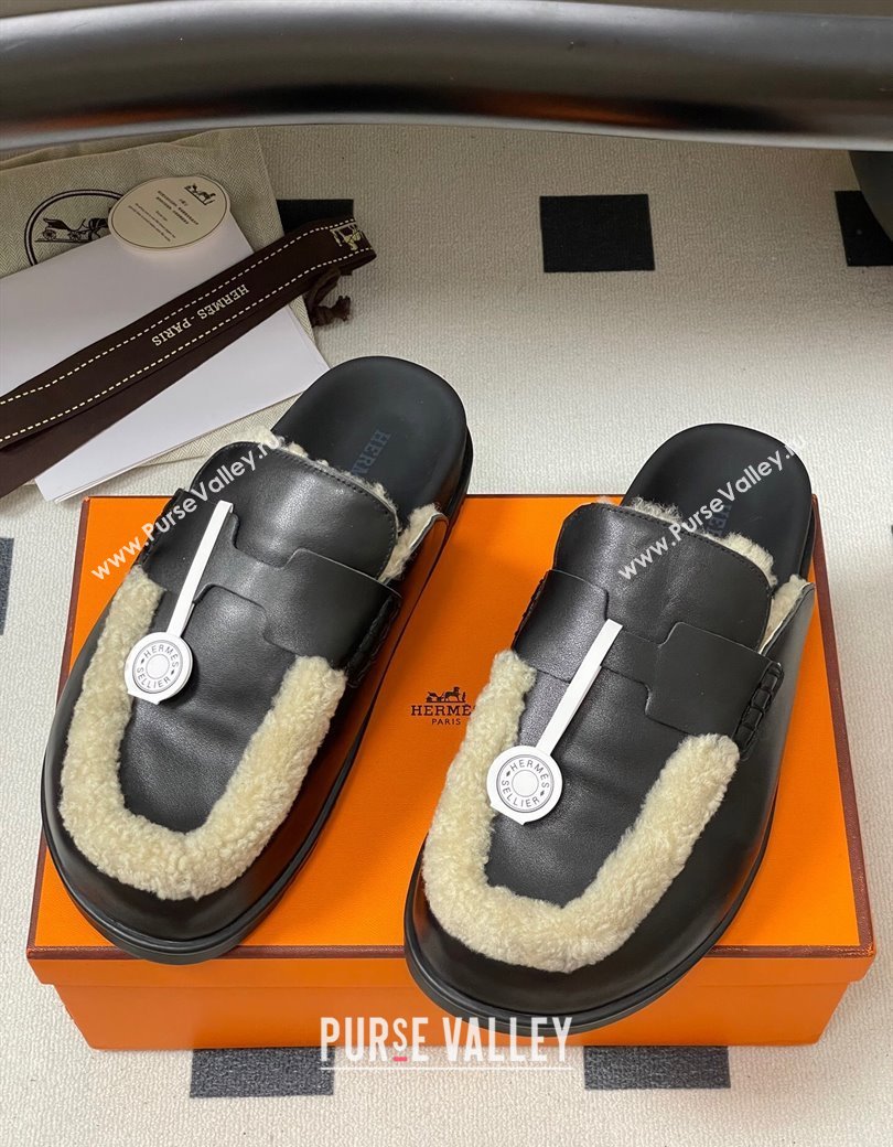 Hermes Go Mule in Calfskin and Shearling Black 2025 H232865 (MD-250820004)