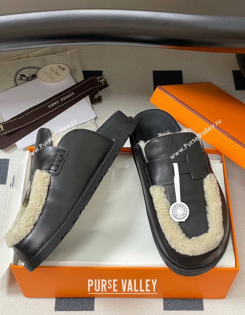 Hermes Go Mule in Calfskin and Shearling Black 2025 H232865 (MD-250820004)