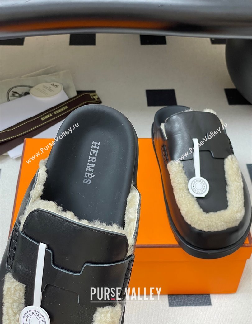 Hermes Go Mule in Calfskin and Shearling Black 2025 H232865 (MD-250820004)