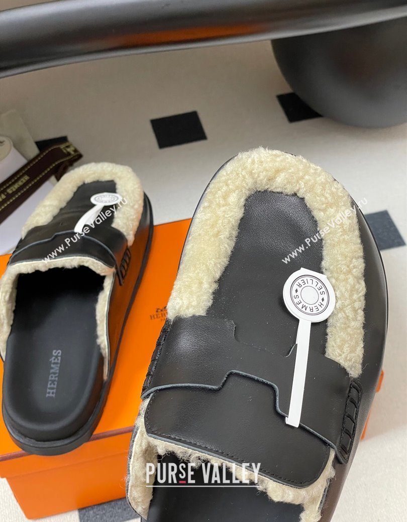 Hermes Go Mule in Calfskin and Shearling Black 2025 H232865 (MD-250820004)