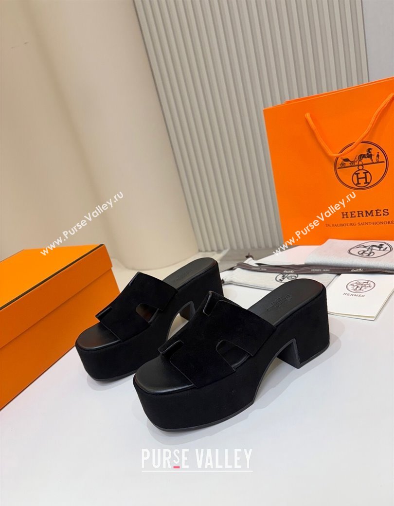 Hermes Suede Platform Slides Sandal 7.5cm Black 2025 H082003 (MD-250820019)